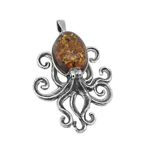 Colgante Pulpo en plata de ley y ámbar natural