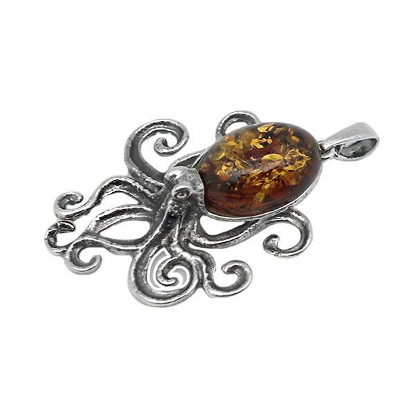 Colgante Pulpo en plata de ley y ámbar natural