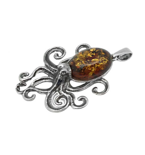 Colgante Pulpo en plata de ley y ámbar natural