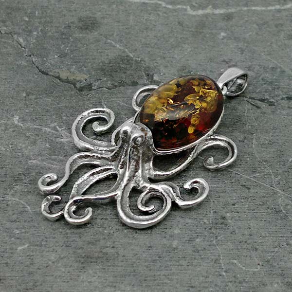 Colgante Pulpo en plata de ley y ámbar natural