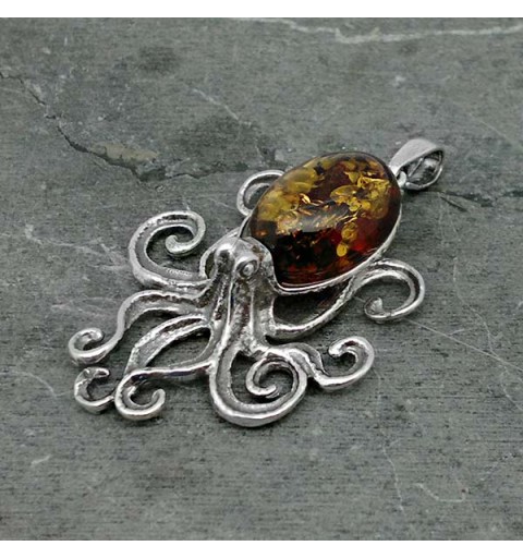 Colgante Pulpo en plata de ley y ámbar natural