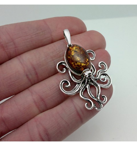 Colgante Pulpo en plata de ley y ámbar natural