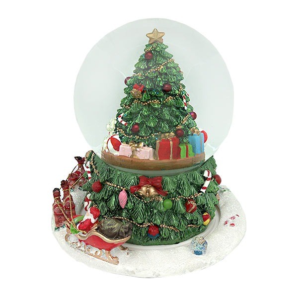 Snow globe with a tree and Santa Claus on his sleigh, spinning around it
