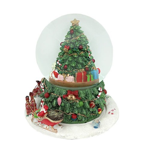 Snow globe with a tree and Santa Claus on his sleigh, spinning around it
