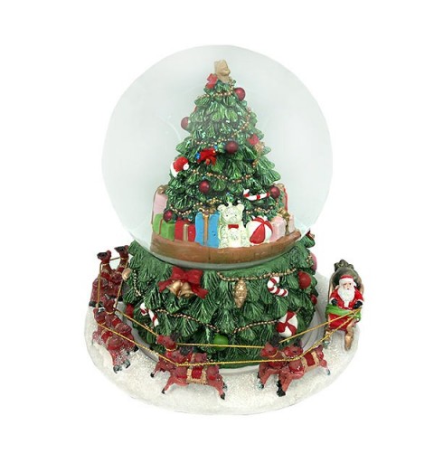 Snow globe with a tree and Santa Claus on his sleigh, spinning around it