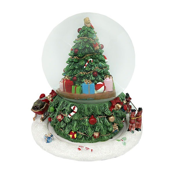 Snow globe with a tree and Santa Claus on his sleigh, spinning around it