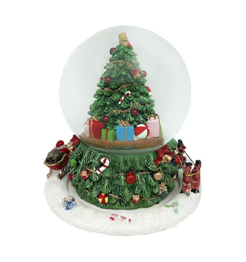 Snow globe with a tree and Santa Claus on his sleigh, spinning around it