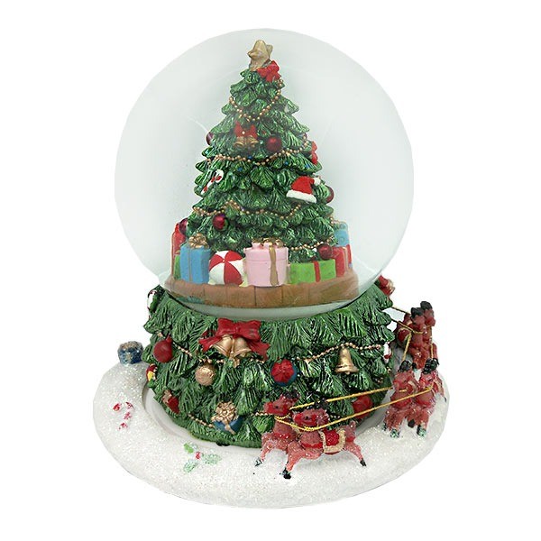 Snow globe with a tree and Santa Claus on his sleigh, spinning around it