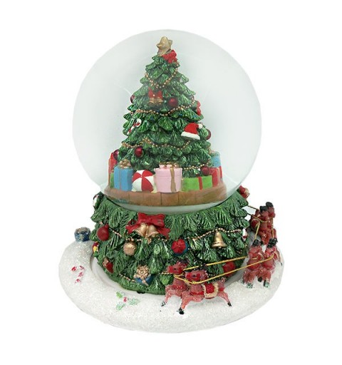 Snow globe with a tree and Santa Claus on his sleigh, spinning around it