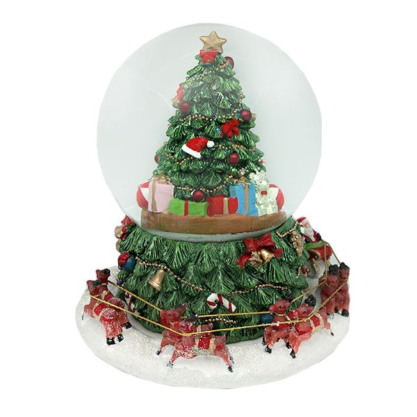Snow globe with a tree and Santa Claus on his sleigh, spinning around it