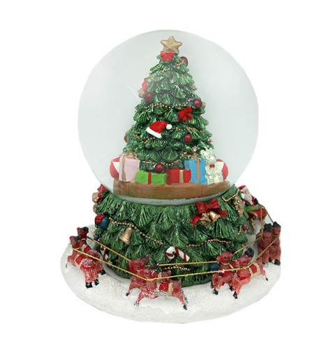 Snow globe with a tree and Santa Claus on his sleigh, spinning around it