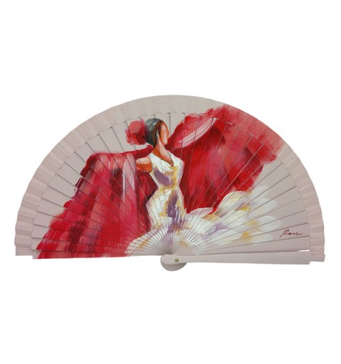Abanico flamenca pintado a mano en tonos rojos – pieza única de artesanía española