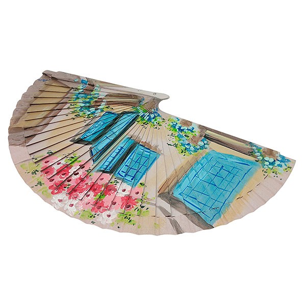 Handmade fan facade with flowers and blue windows