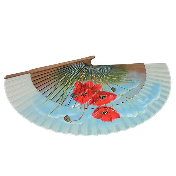 Hand-painted hand fan with red poppies