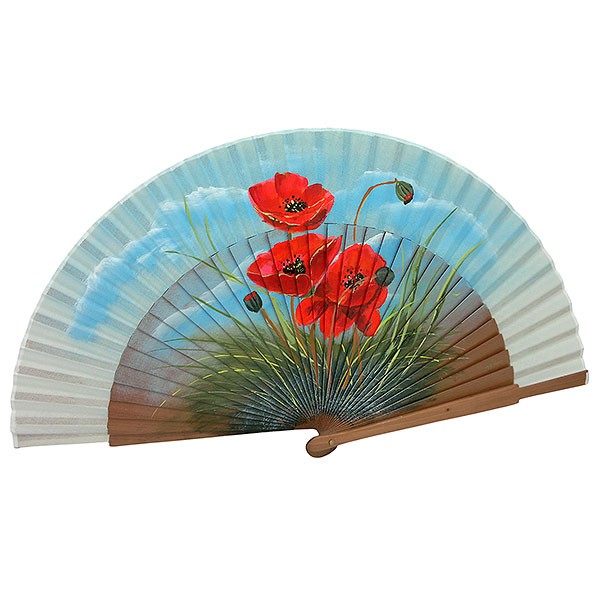 Abanico artesanal pintado a mano con amapolas rojas