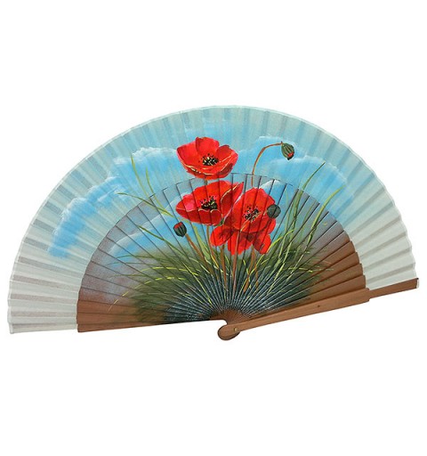 Hand-painted hand fan with red poppies