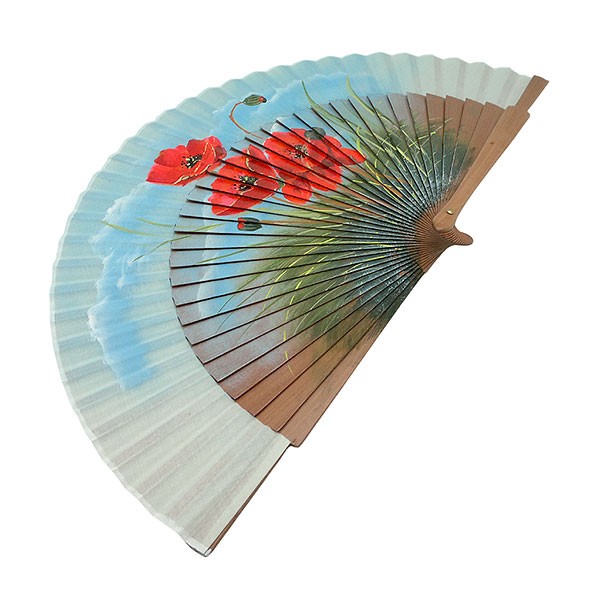 Hand-painted hand fan with red poppies