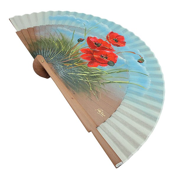 Abanico artesanal pintado a mano con amapolas rojas
