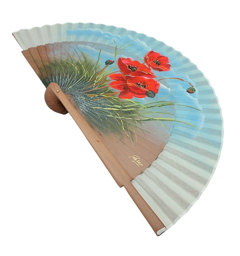 Hand-painted hand fan with red poppies