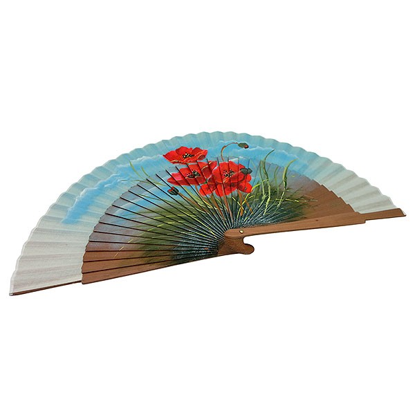 Abanico artesanal pintado a mano con amapolas rojas