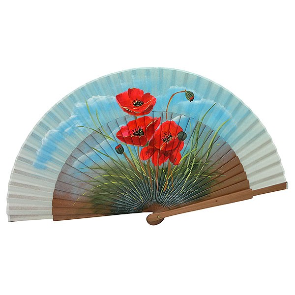 Abanico artesanal pintado a mano con amapolas rojas