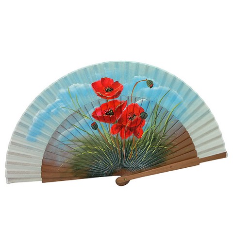 Hand-painted hand fan with red poppies