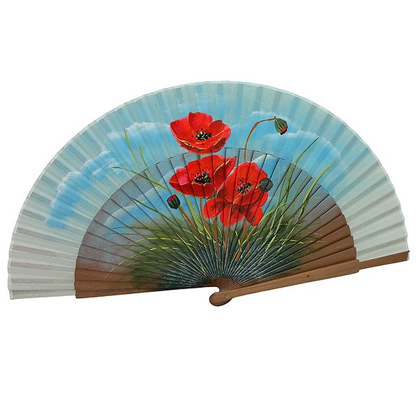 Abanico artesanal pintado a mano con amapolas rojas