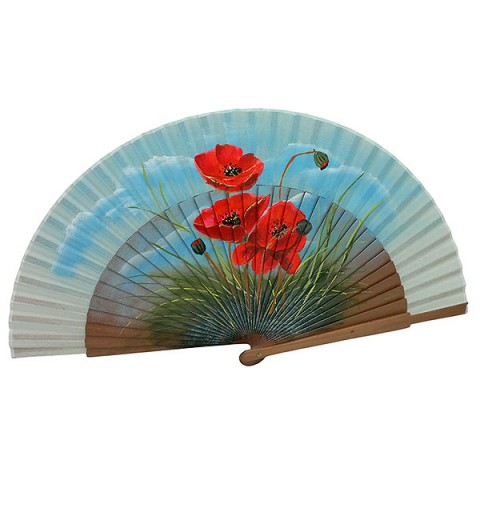 Hand-painted hand fan with red poppies