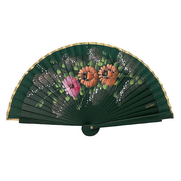 Handcrafted fan in green tones with hand-painted floral design - Made in Spain