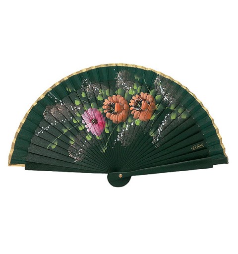 Handcrafted fan in green tones with hand-painted floral design - Made in Spain
