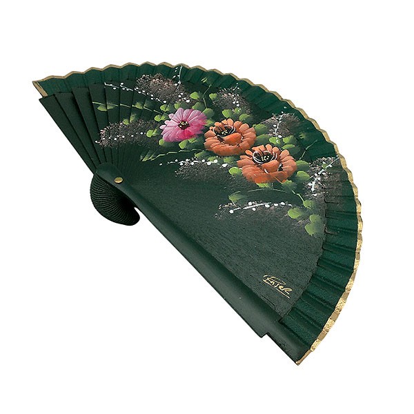 Handcrafted fan in green tones with hand-painted floral design - Made in Spain