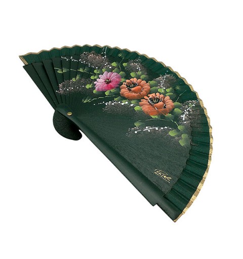 Handcrafted fan in green tones with hand-painted floral design - Made in Spain