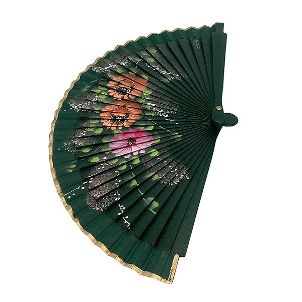 Handcrafted fan in green tones with hand-painted floral design - Made in Spain
