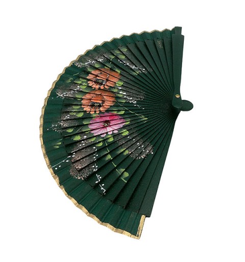 Handcrafted fan in green tones with hand-painted floral design - Made in Spain