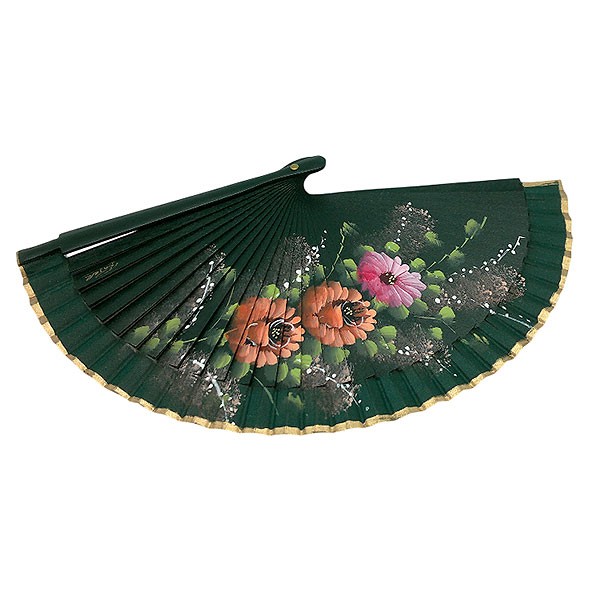 Handcrafted fan in green tones with hand-painted floral design - Made in Spain