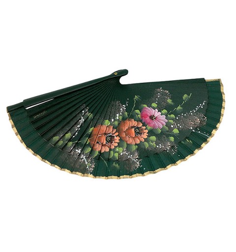 Handcrafted fan in green tones with hand-painted floral design - Made in Spain