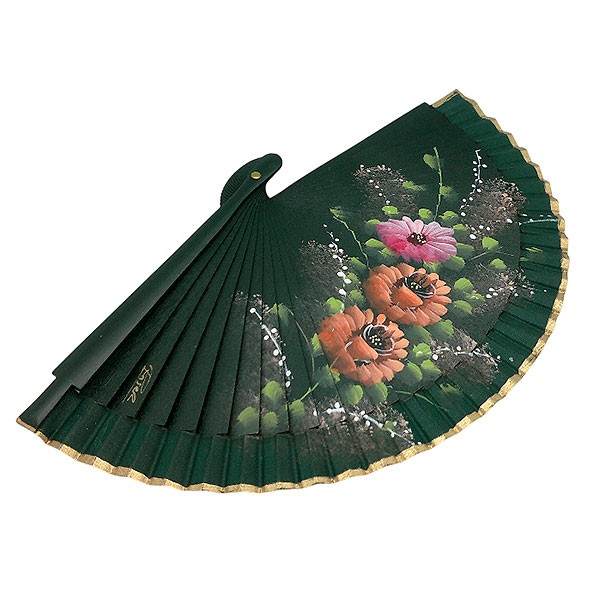 Handcrafted fan in green tones with hand-painted floral design - Made in Spain