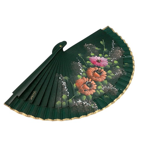 Handcrafted fan in green tones with hand-painted floral design - Made in Spain