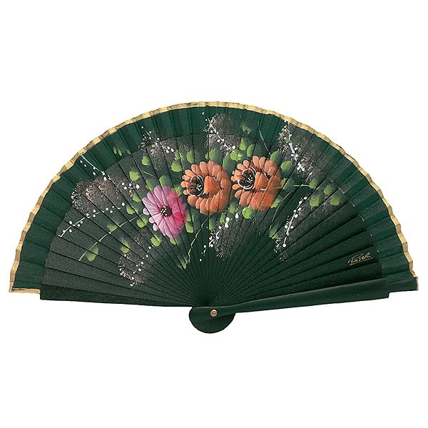 Handcrafted fan in green tones with hand-painted floral design - Made in Spain