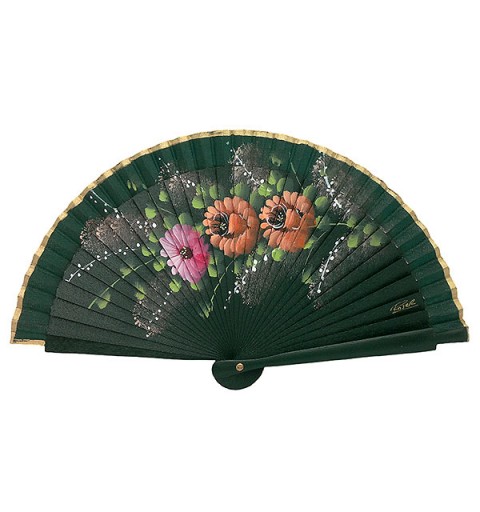 Handcrafted fan in green tones with hand-painted floral design - Made in Spain