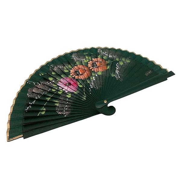 Handcrafted fan in green tones with hand-painted floral design - Made in Spain