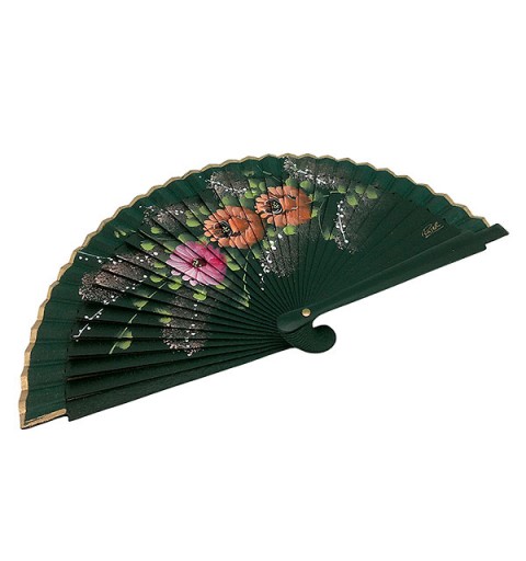 Handcrafted fan in green tones with hand-painted floral design - Made in Spain