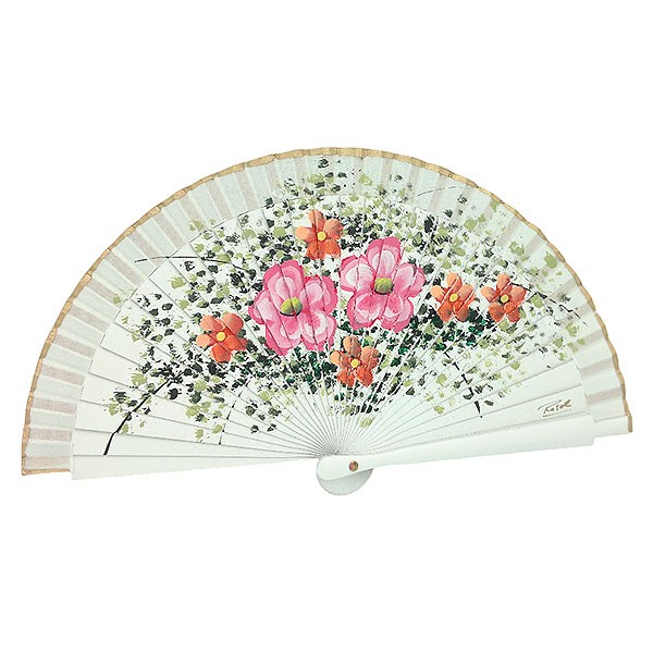 Abanico artesanal de tamaño pequeño, con flores.