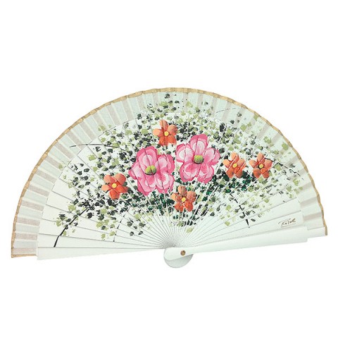 Abanico artesanal de tamaño pequeño, con flores.