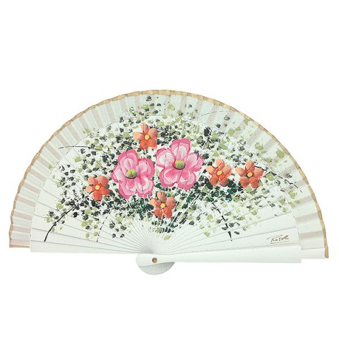 Abanico artesanal de tamaño pequeño, con flores.