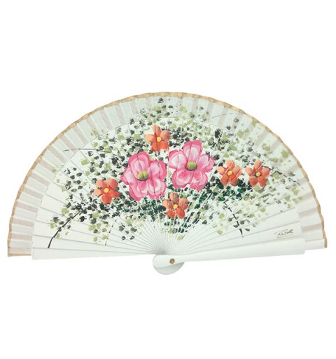 Abanico artesanal de tamaño pequeño, con flores.
