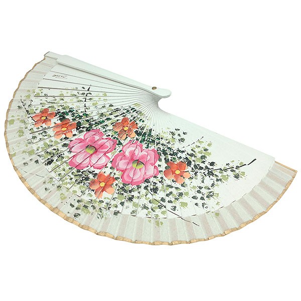 Abanico artesanal de tamaño pequeño, con flores.