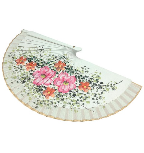 Abanico artesanal de tamaño pequeño, con flores.