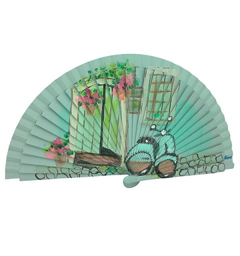 Handcrafted Spanish Classic Motorcycle Fan in Alley with Flowers