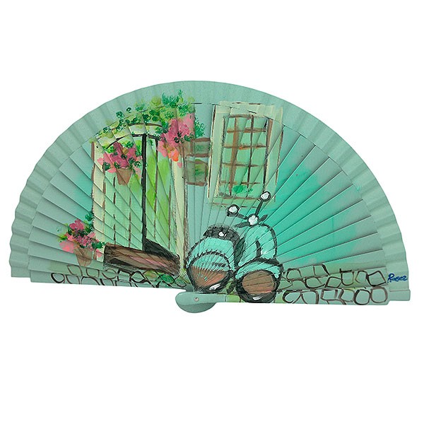 Handcrafted Spanish Classic Motorcycle Fan in Alley with Flowers